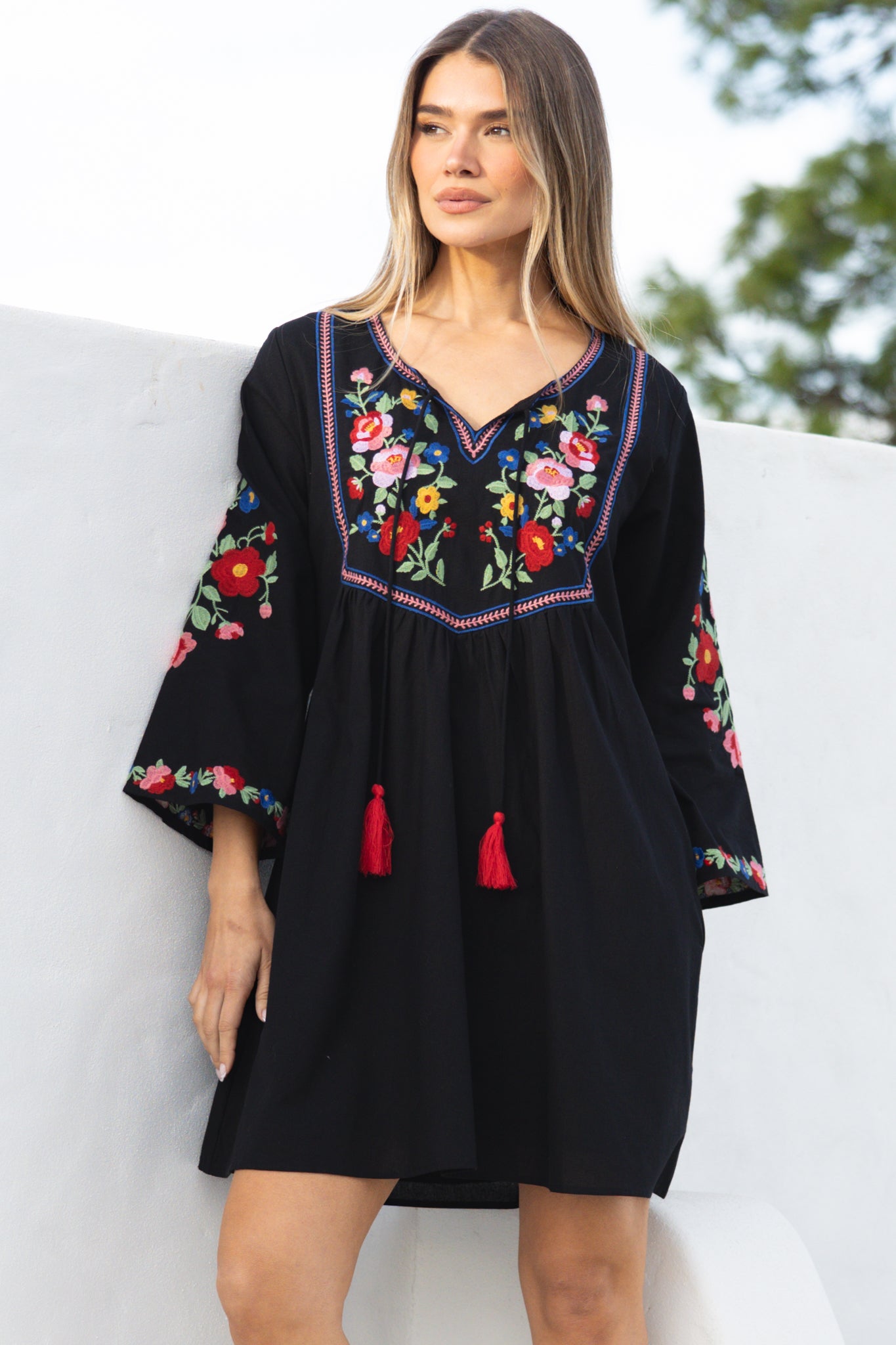 Azalea Mini Dress - Floral Embroidered Motif Shift Dress with Flute Sleeves in Black