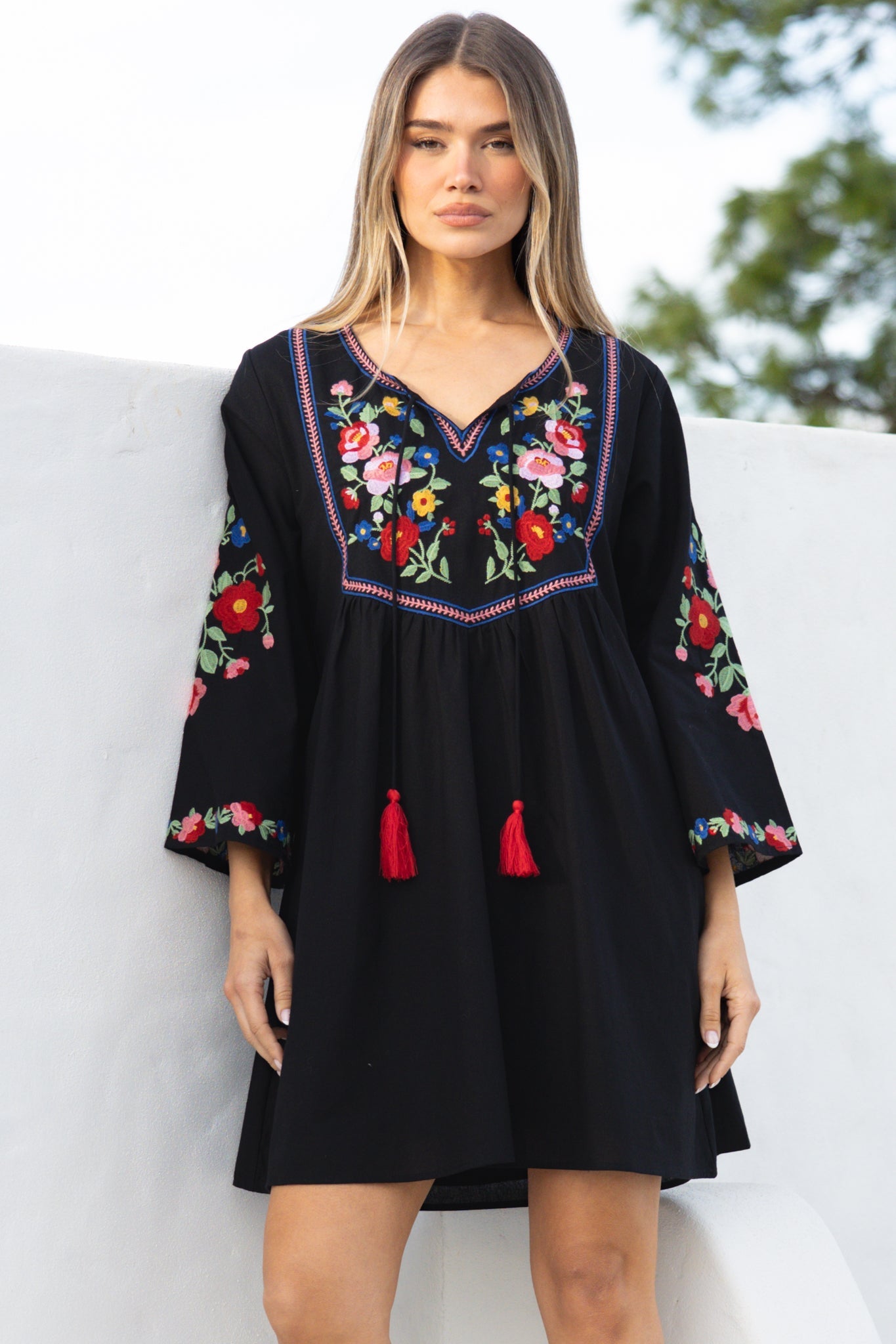 Azalea Mini Dress - Floral Embroidered Motif Shift Dress with Flute Sleeves in Black