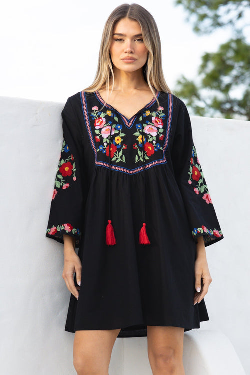 Azalea Mini Dress - Floral Embroidered Motif Shift Dress with Flute Sleeves in Black