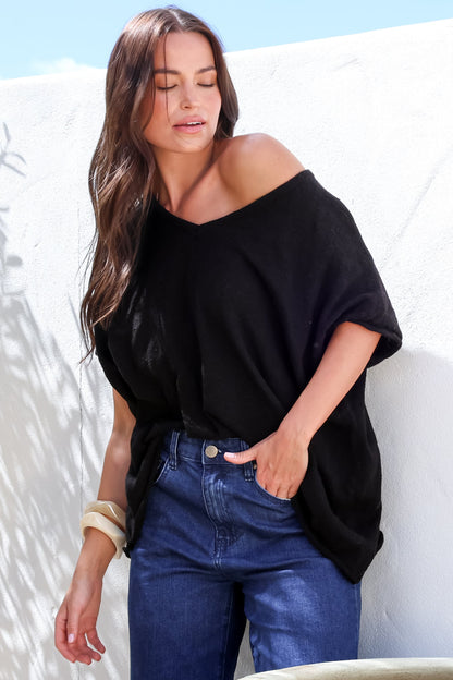 Baha Knit Top - Relaxed V Neck Cotton Knit with Short Sleeves in Black