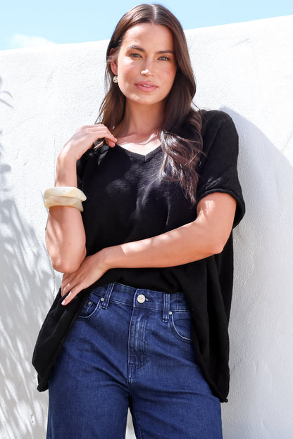 Baha Knit Top - Relaxed V Neck Cotton Knit with Short Sleeves in Black