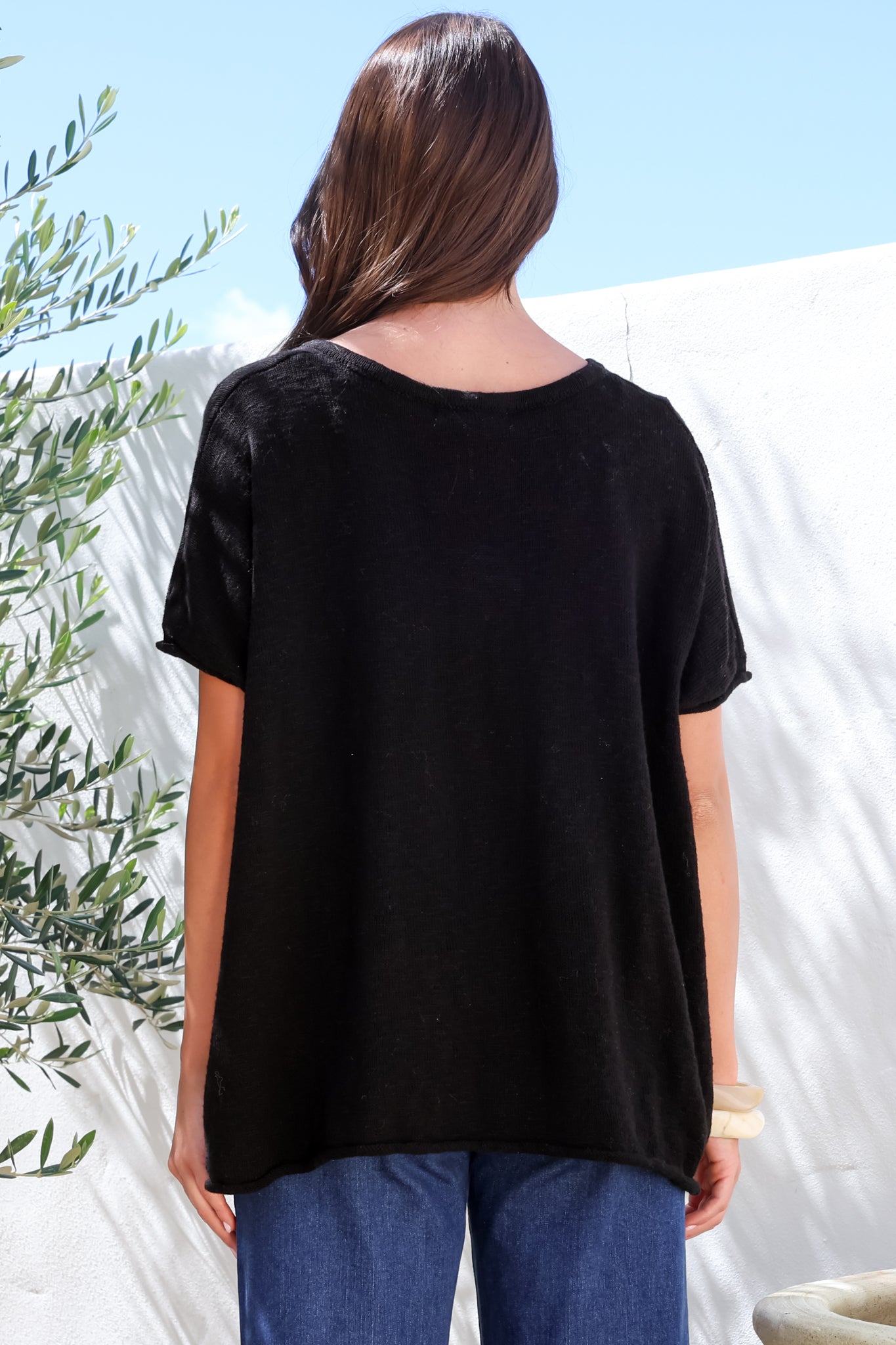 Baha Knit Top - Relaxed V Neck Cotton Knit with Short Sleeves in Black