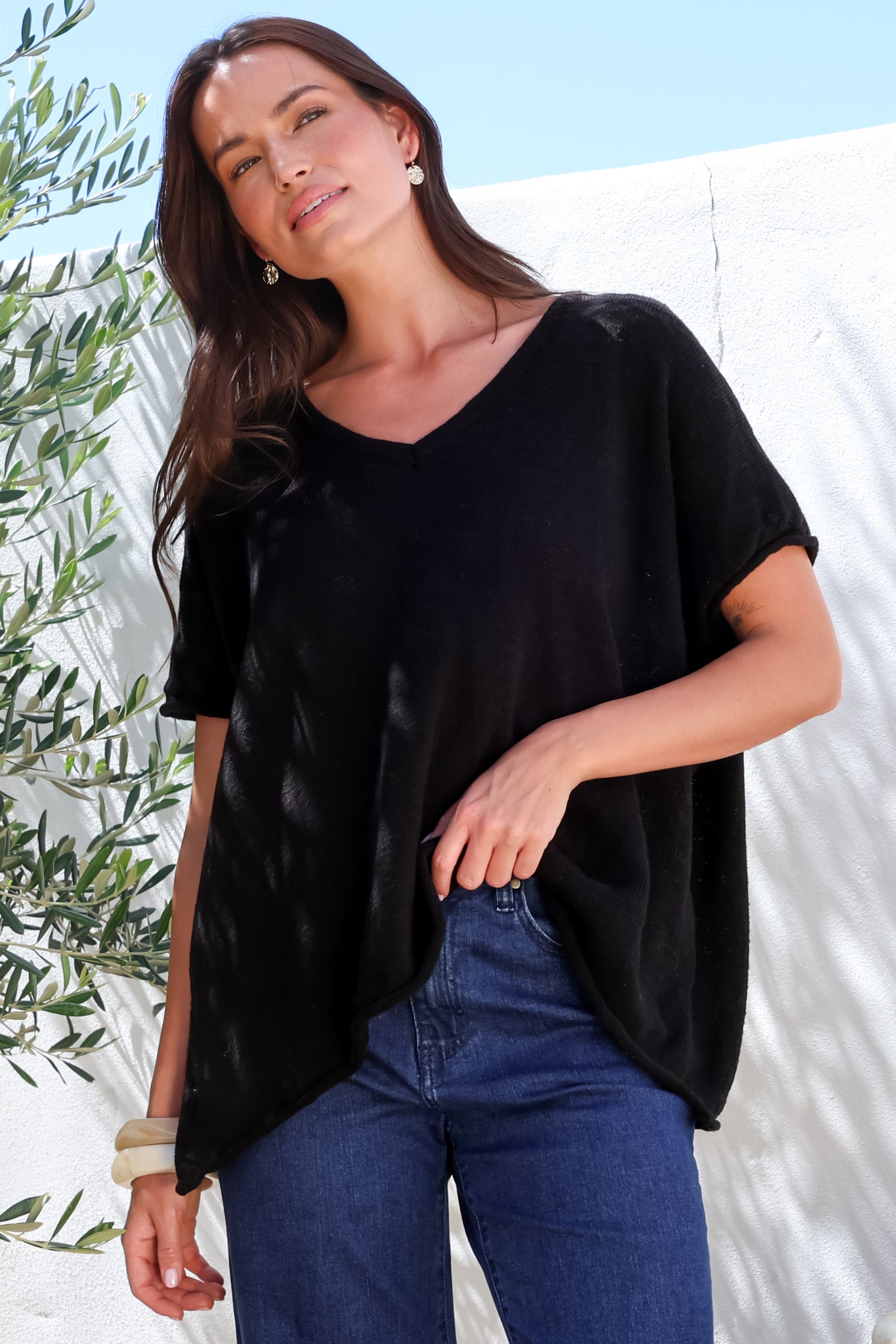 Baha Knit Top - Relaxed V Neck Cotton Knit with Short Sleeves in Black