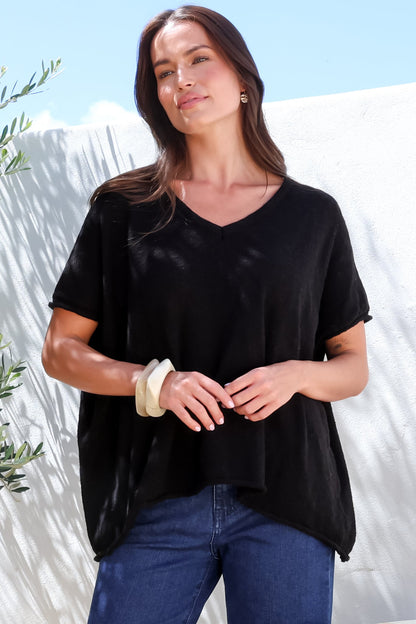 Baha Knit Top - Relaxed V Neck Cotton Knit with Short Sleeves in Black