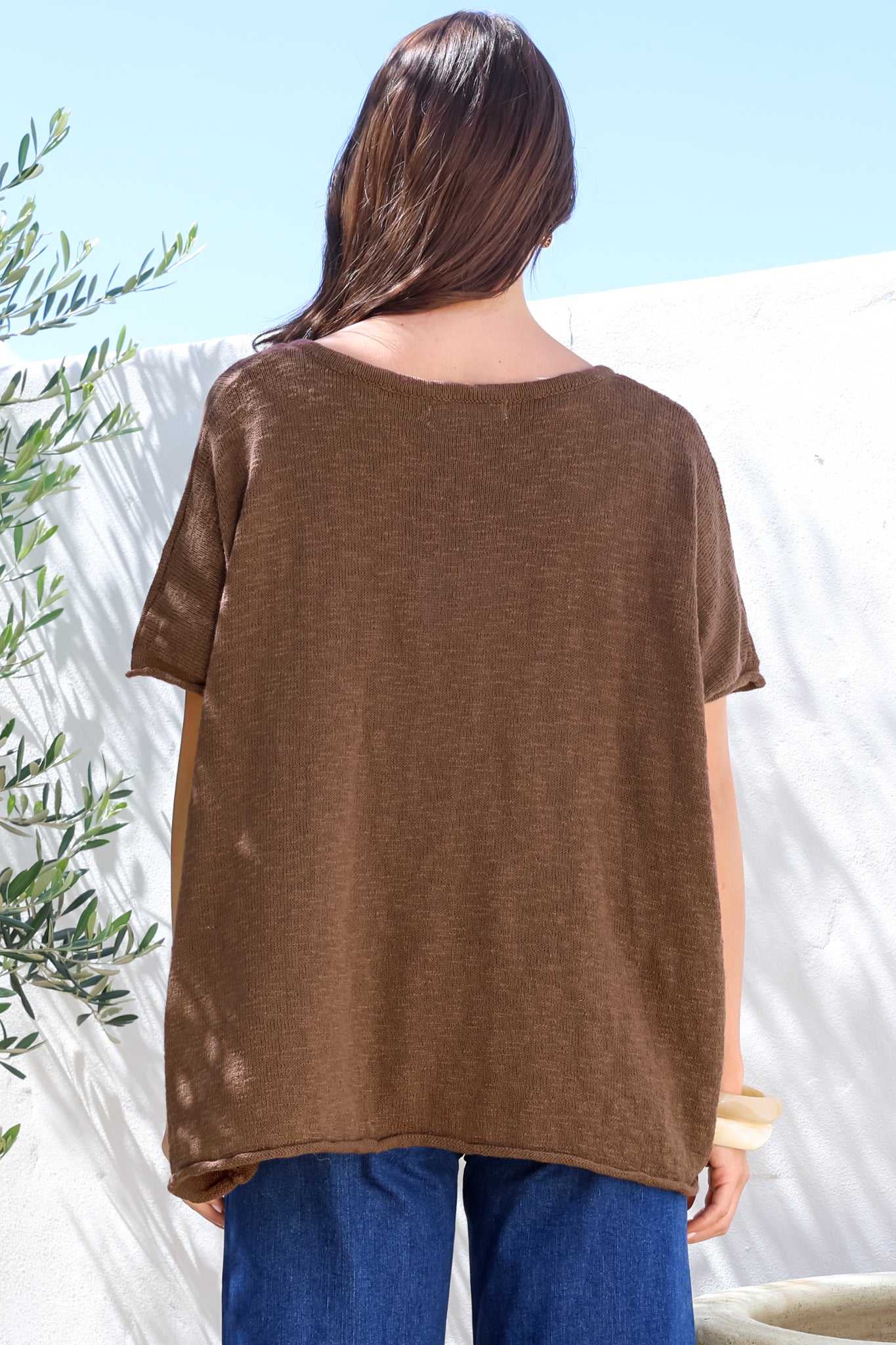 Baha Knit Top - Relaxed V Neck Cotton Knit with Short Sleeves in Chocolate