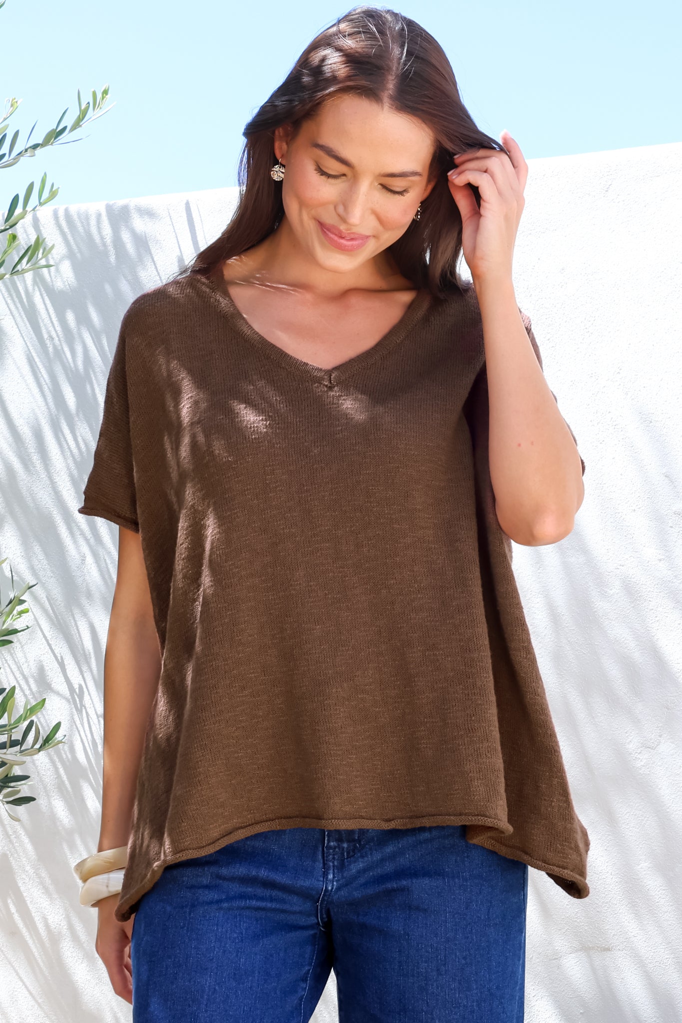 Baha Knit Top - Relaxed V Neck Cotton Knit with Short Sleeves in Chocolate