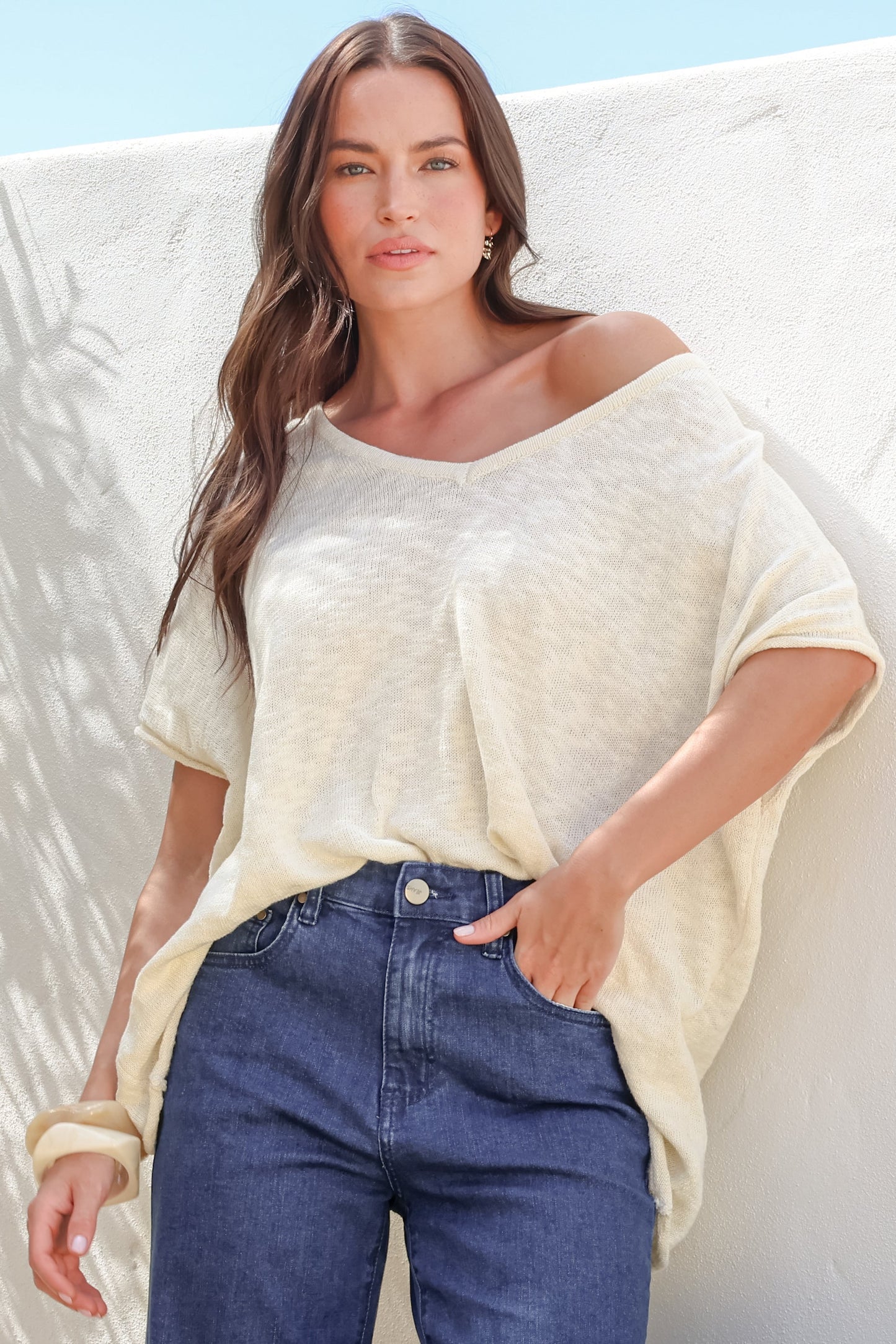 Baha Knit Top - Relaxed V Neck Cotton Knit with Short Sleeves in White