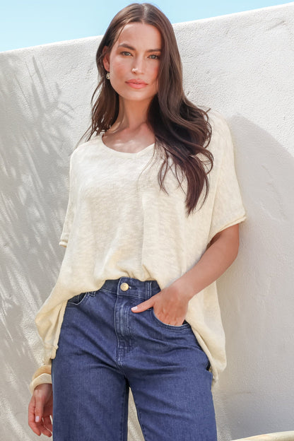 Baha Knit Top - Relaxed V Neck Cotton Knit with Short Sleeves in White