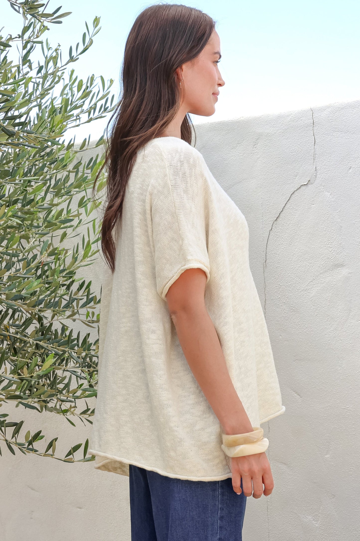 Baha Knit Top - Relaxed V Neck Cotton Knit with Short Sleeves in White