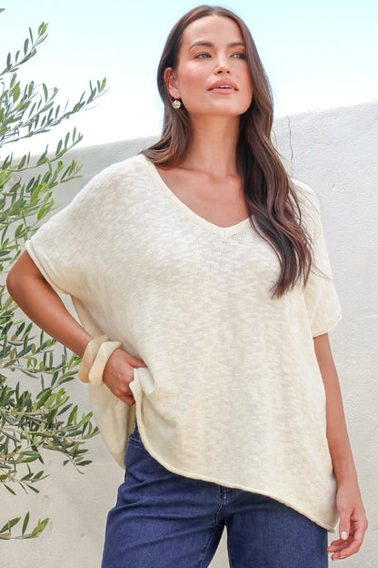 Baha Knit Top - Relaxed V Neck Cotton Knit with Short Sleeves in White