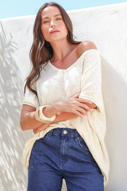 Baha Knit Top - Relaxed V Neck Cotton Knit with Short Sleeves in White