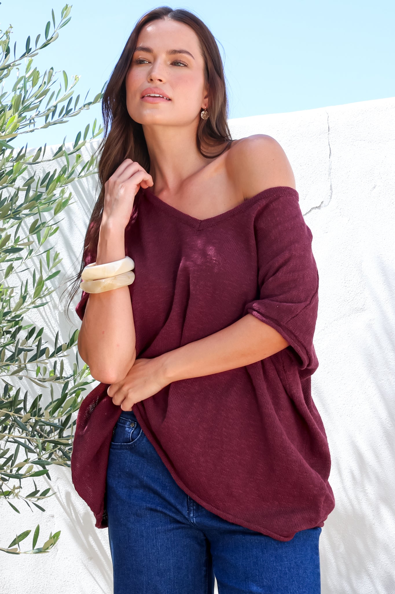 Baha Knit Top - Relaxed V Neck Cotton Knit with Short Sleeves in Wine