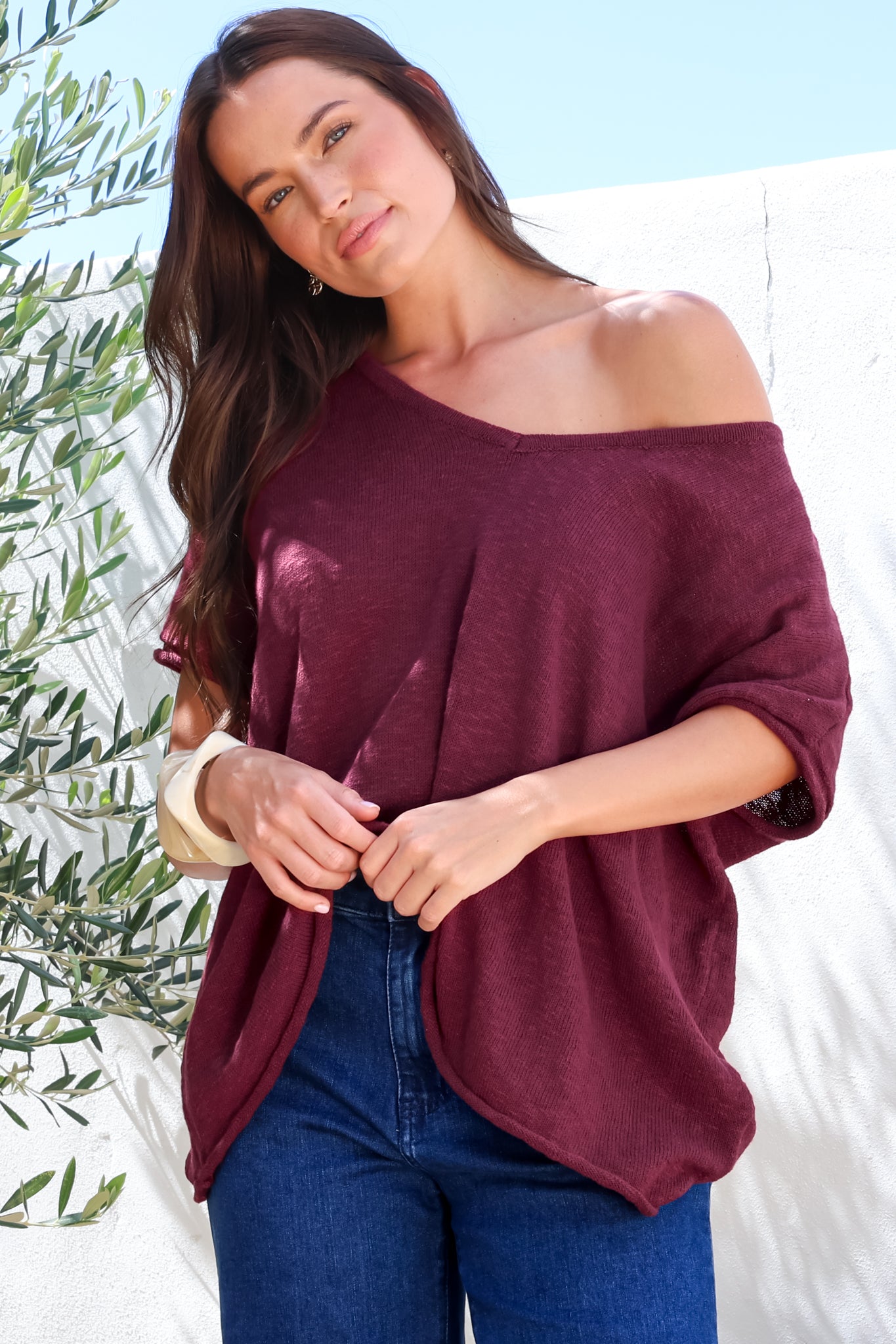 Baha Knit Top - Relaxed V Neck Cotton Knit with Short Sleeves in Wine