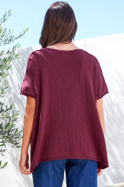 Baha Knit Top - Relaxed V Neck Cotton Knit with Short Sleeves in Wine