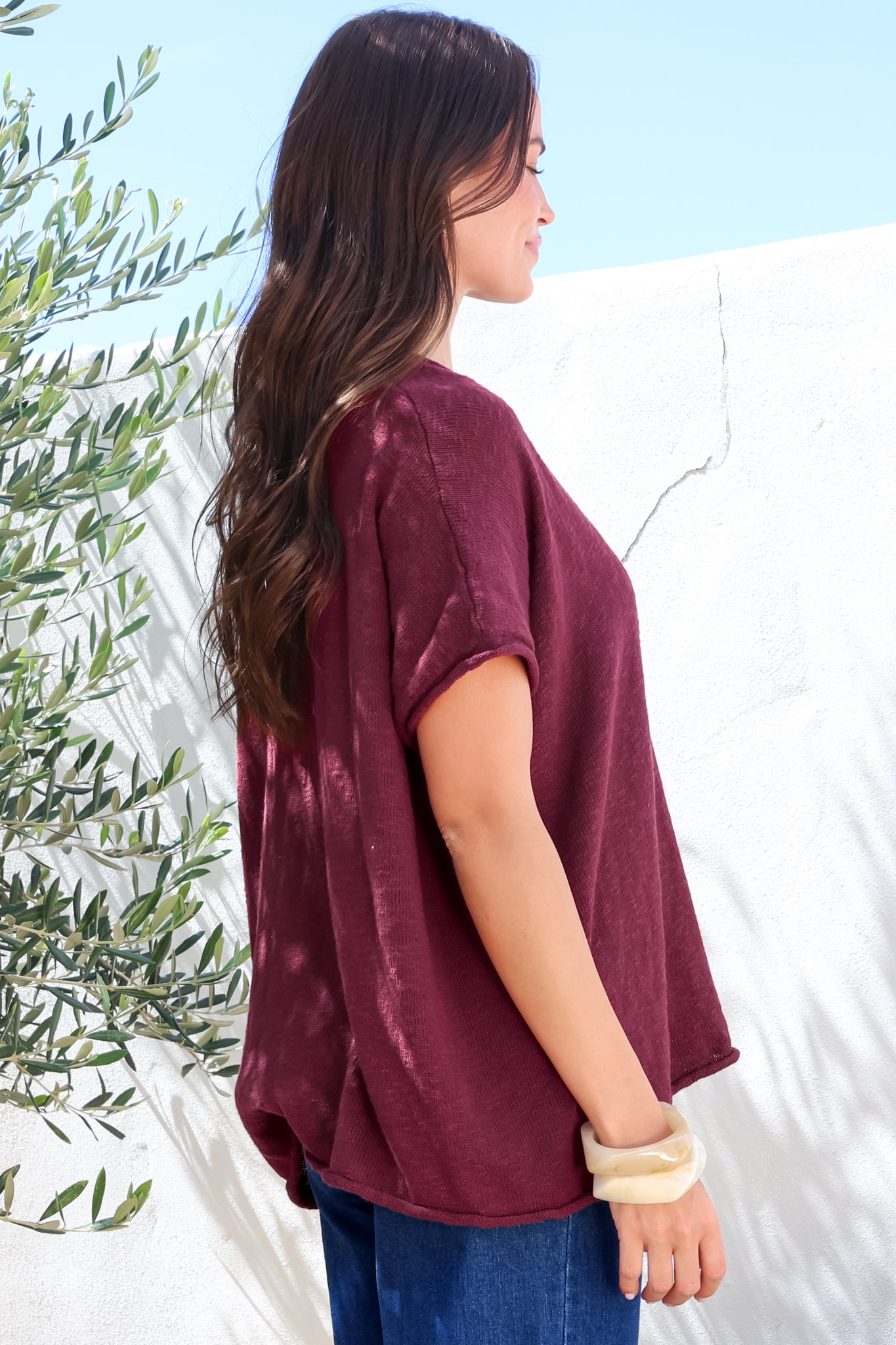 Baha Knit Top - Relaxed V Neck Cotton Knit with Short Sleeves in Wine