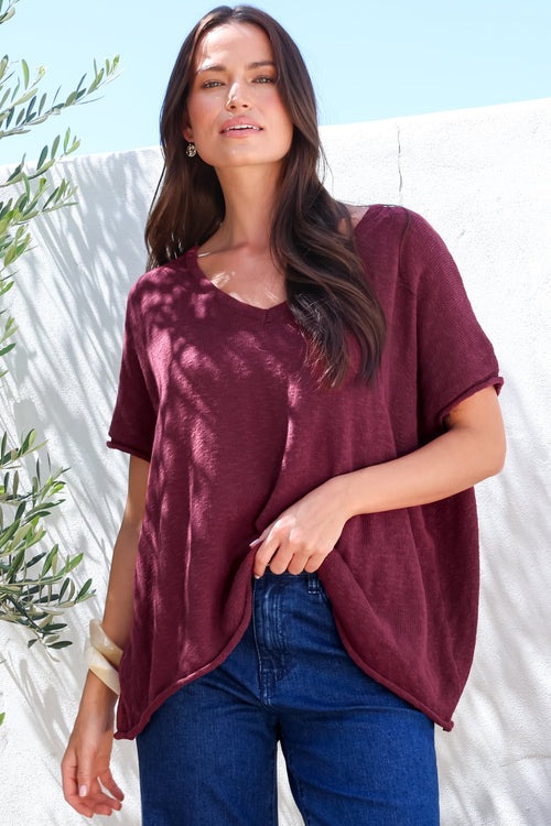 Baha Knit Top - Relaxed V Neck Cotton Knit with Short Sleeves in Wine