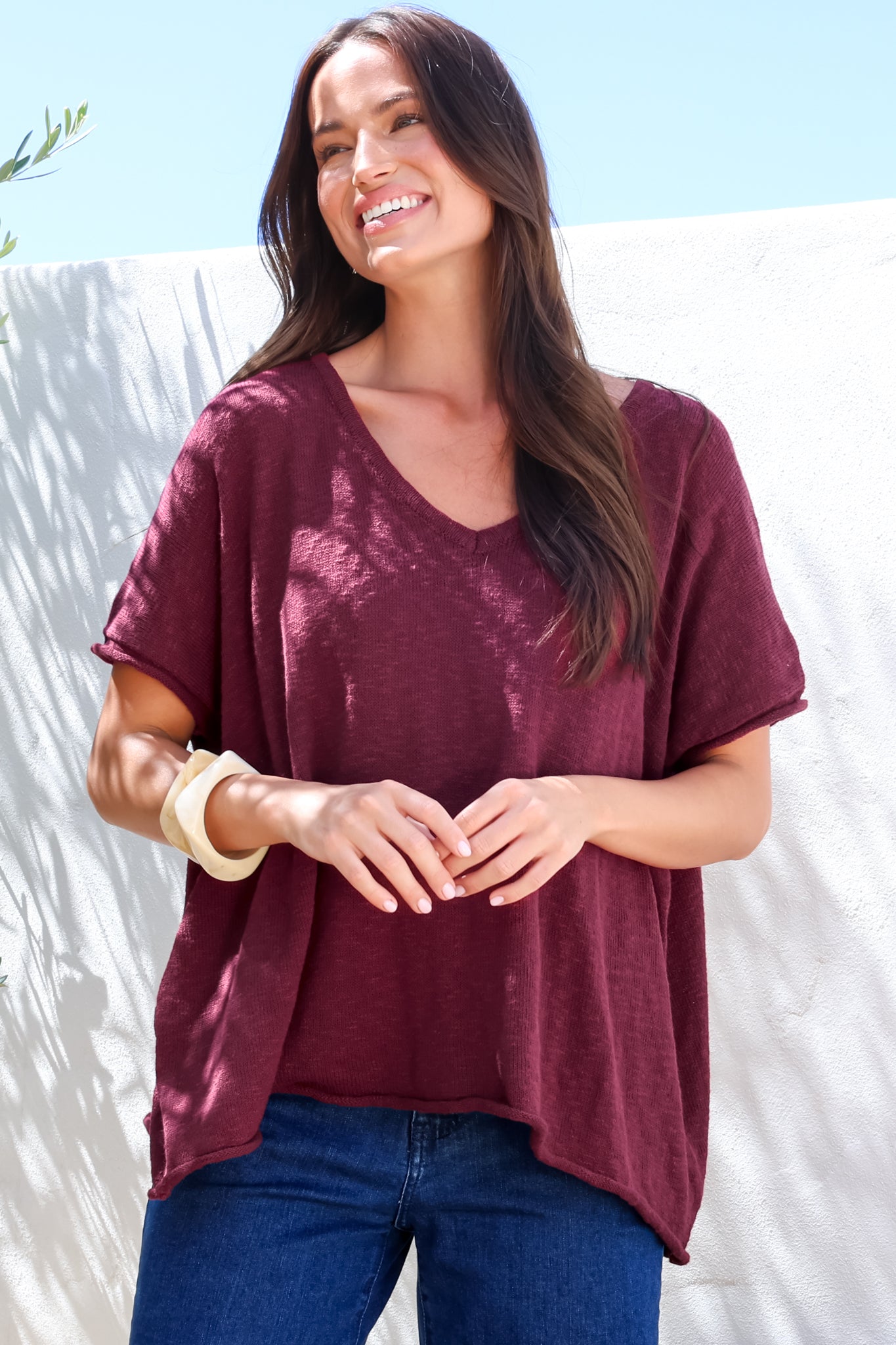 Baha Knit Top - Relaxed V Neck Cotton Knit with Short Sleeves in Wine