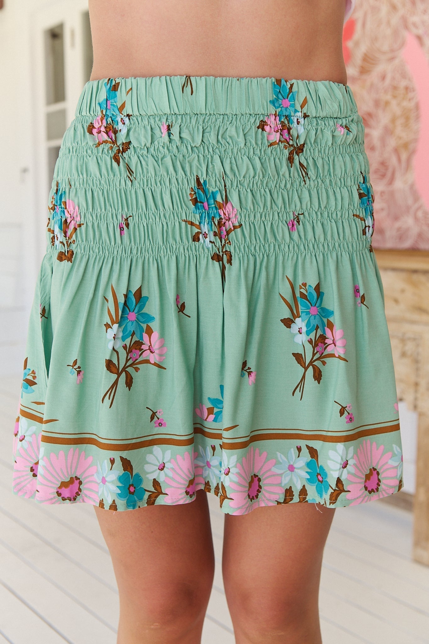JAASE - Becca Mini Skirt: Shirred High Waisted Skirt in Maribel Print