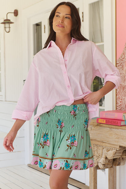 JAASE - Becca Mini Skirt: Shirred High Waisted Skirt in Maribel Print