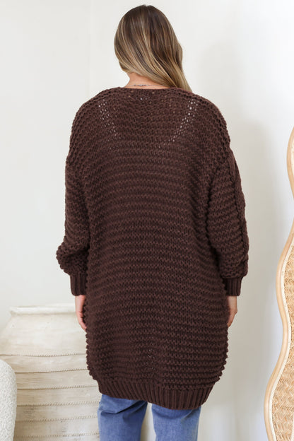 Beckett Cardigan - Open Front Chunky Cable Knit with Pockets in Chocolate
