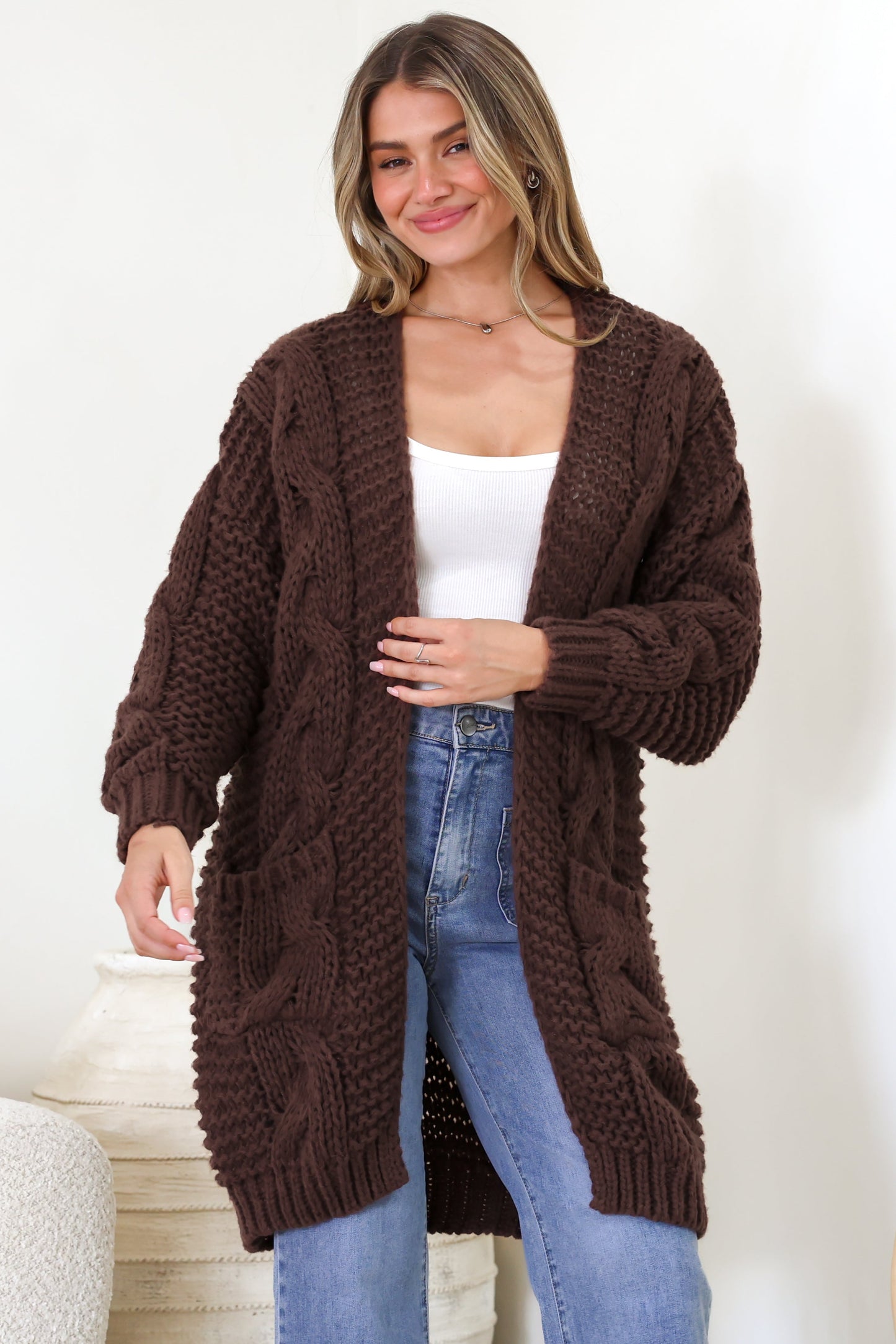 Beckett Cardigan - Open Front Chunky Cable Knit with Pockets in Chocolate