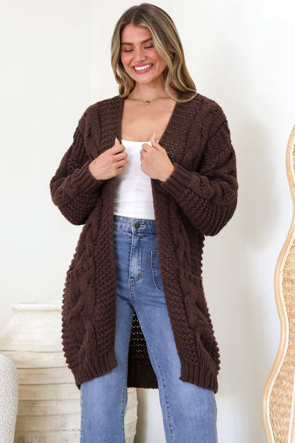 Beckett Cardigan - Open Front Chunky Cable Knit with Pockets in Chocolate