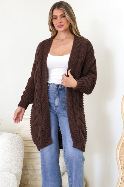 Beckett Cardigan - Open Front Chunky Cable Knit with Pockets in Chocolate