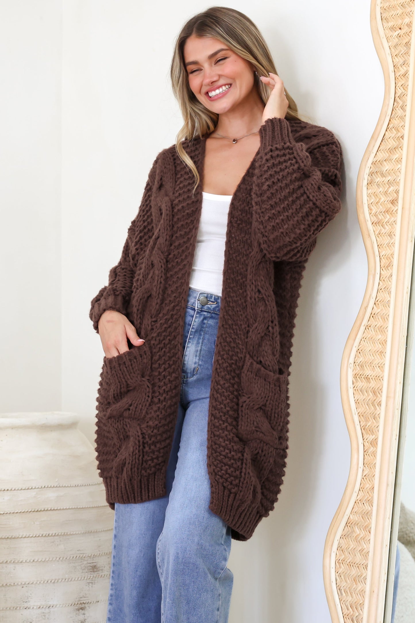 Beckett Cardigan - Open Front Chunky Cable Knit with Pockets in Chocolate