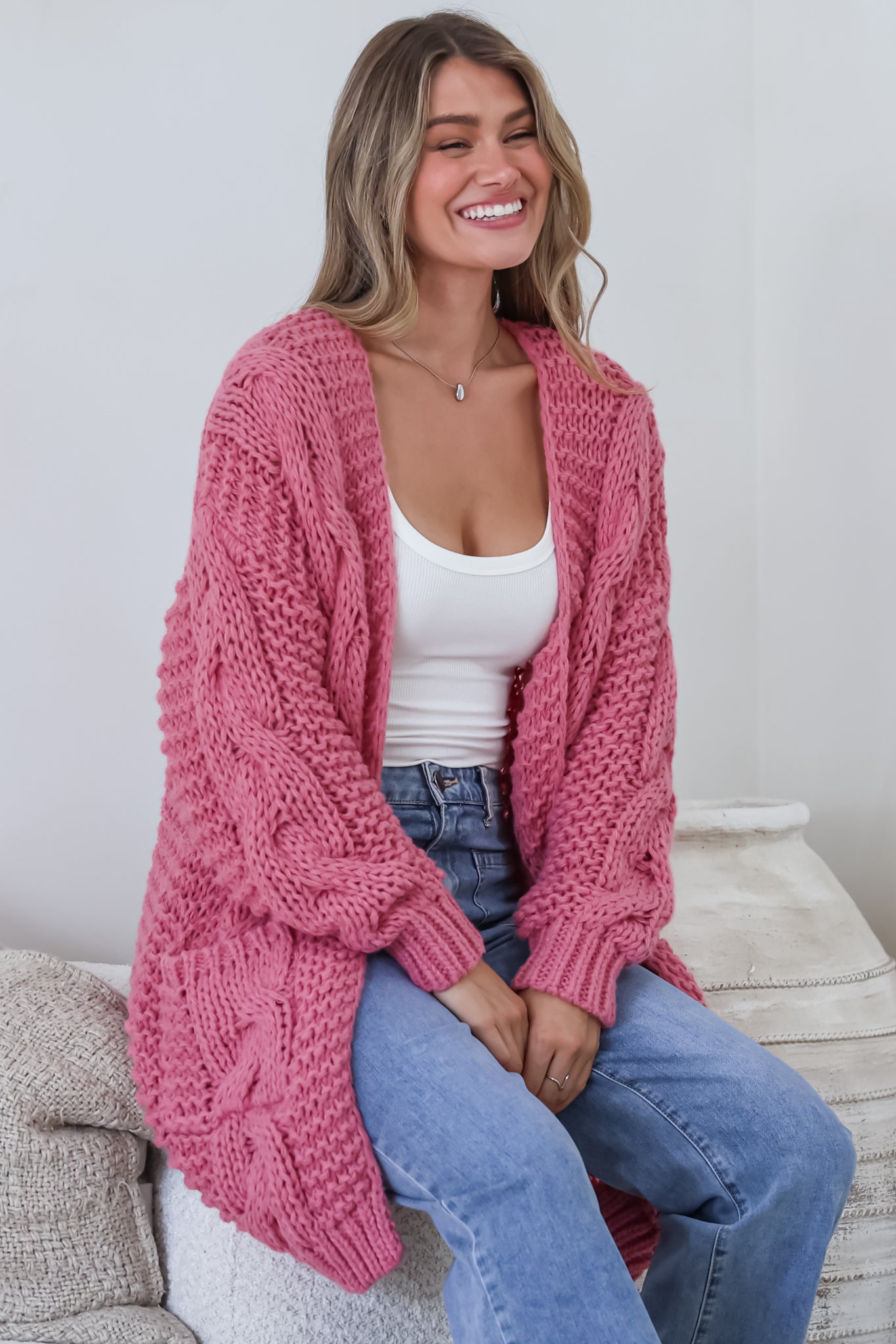 Beckett Cardigan - Open Front Chunky Cable Knit with Pockets in Pink