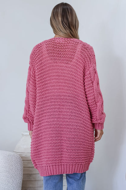 Beckett Cardigan - Open Front Chunky Cable Knit with Pockets in Pink