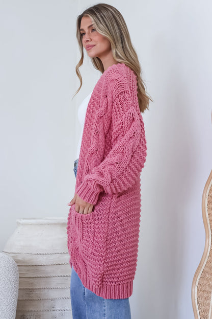 Beckett Cardigan - Open Front Chunky Cable Knit with Pockets in Pink