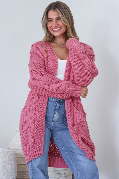 Beckett Cardigan - Open Front Chunky Cable Knit with Pockets in Pink