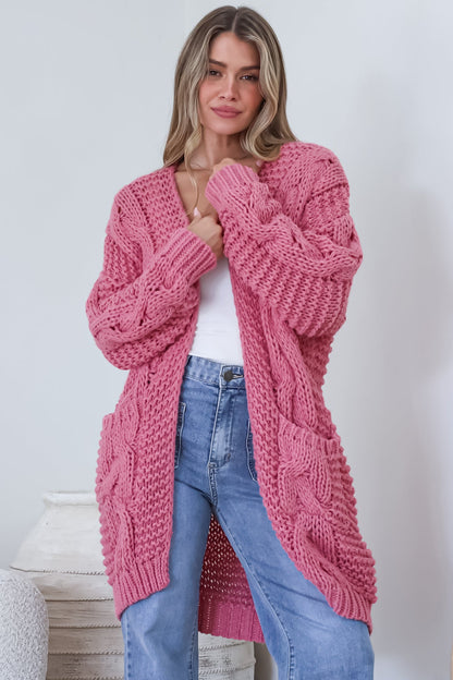 Beckett Cardigan - Open Front Chunky Cable Knit with Pockets in Pink