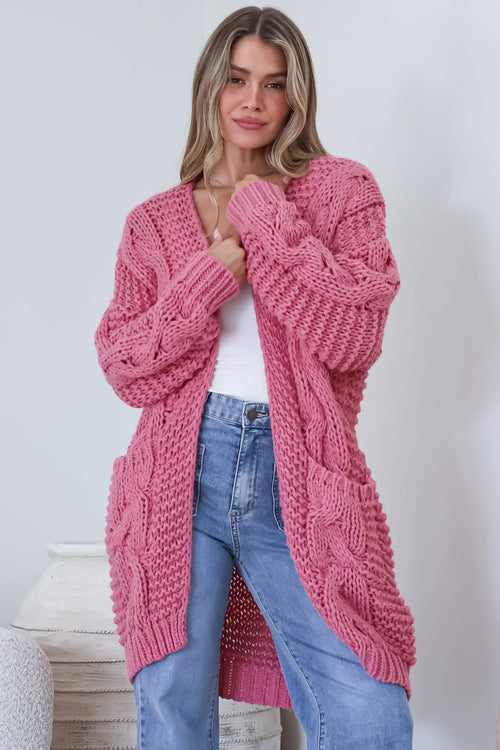 Beckett Cardigan - Open Front Chunky Cable Knit with Pockets in Pink