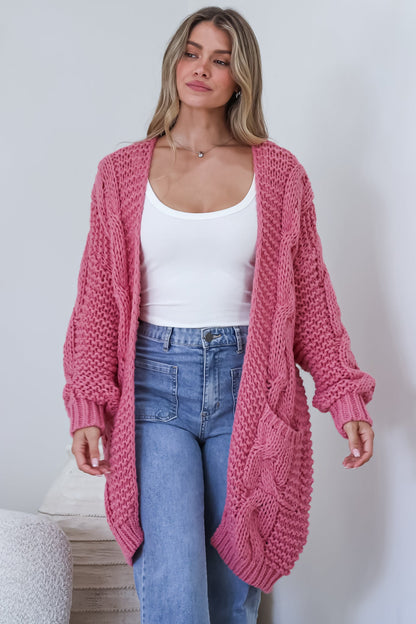Beckett Cardigan - Open Front Chunky Cable Knit with Pockets in Pink