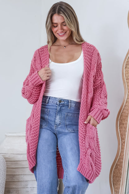 Beckett Cardigan - Open Front Chunky Cable Knit with Pockets in Pink