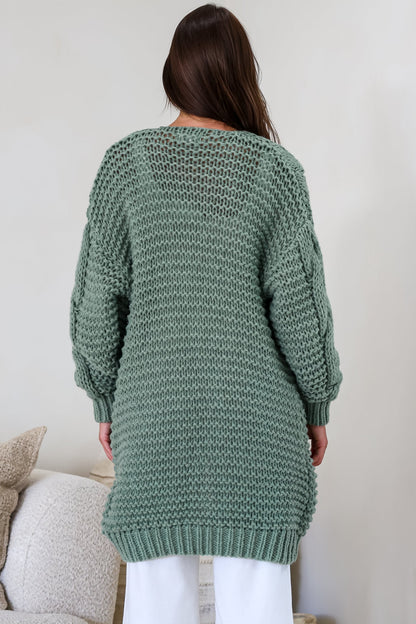 Beckett Cardigan - Open Front Chunky Cable Knit with Pockets in Sage