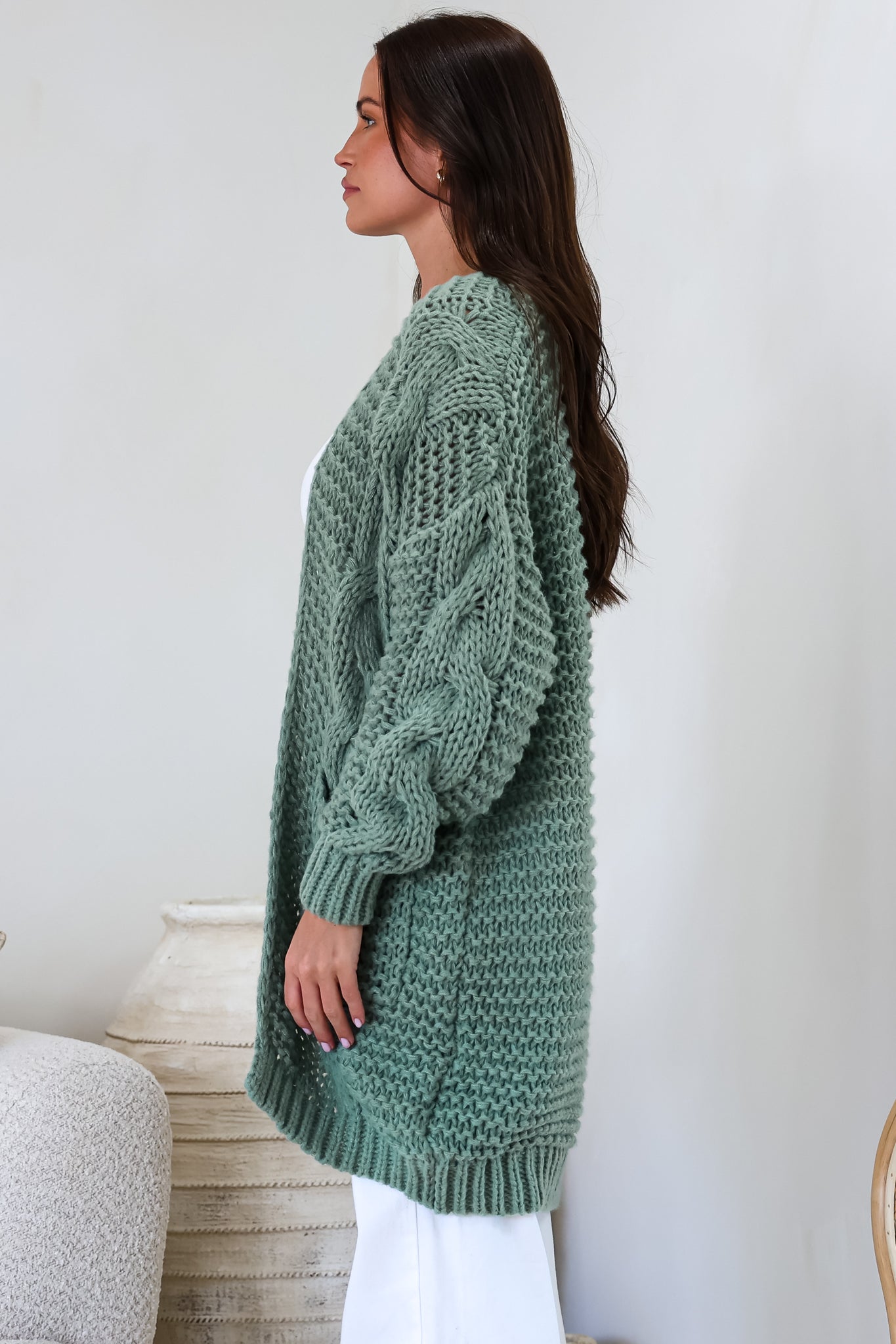 Beckett Cardigan - Open Front Chunky Cable Knit with Pockets in Sage