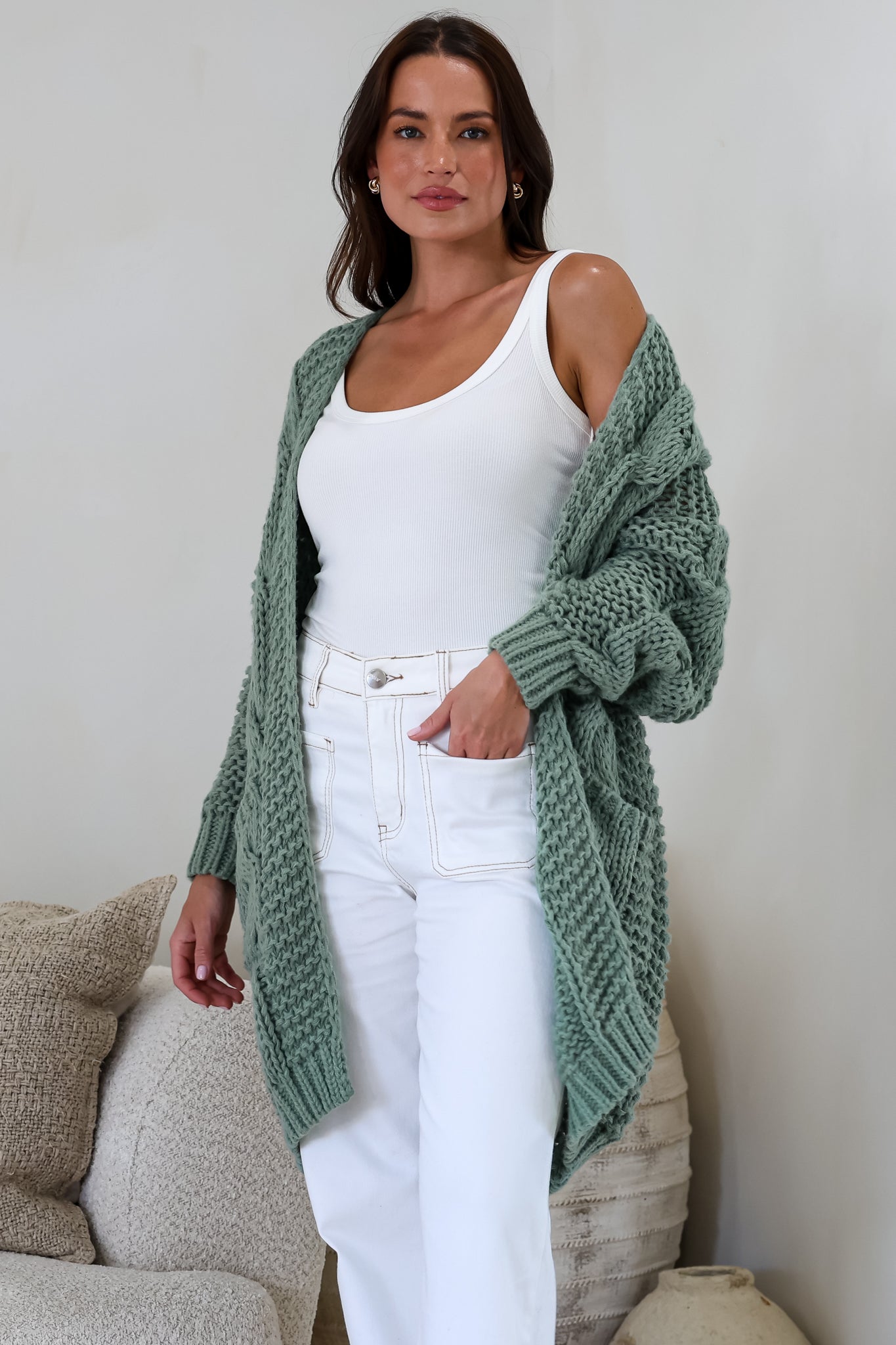 Beckett Cardigan - Open Front Chunky Cable Knit with Pockets in Sage
