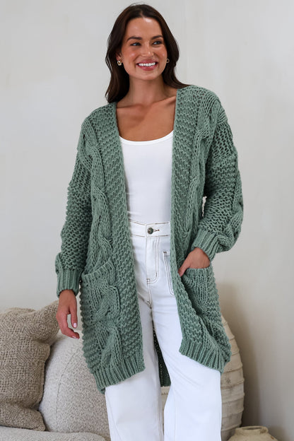 Beckett Cardigan - Open Front Chunky Cable Knit with Pockets in Sage