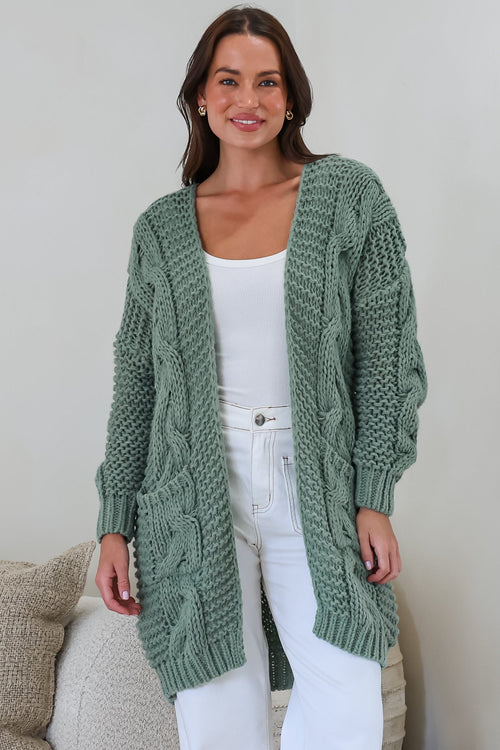 Beckett Cardigan - Open Front Chunky Cable Knit with Pockets in Sage