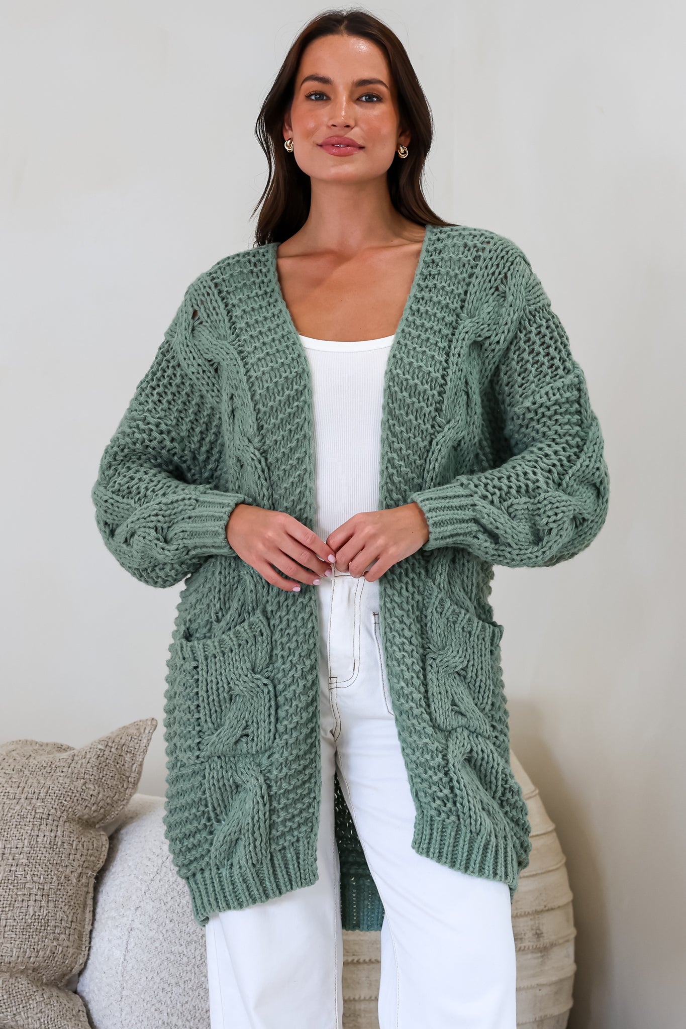 Beckett Cardigan - Open Front Chunky Cable Knit with Pockets in Sage