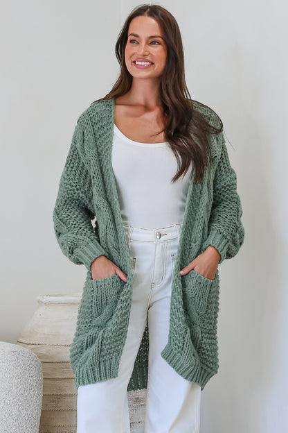 Beckett Cardigan - Open Front Chunky Cable Knit with Pockets in Sage