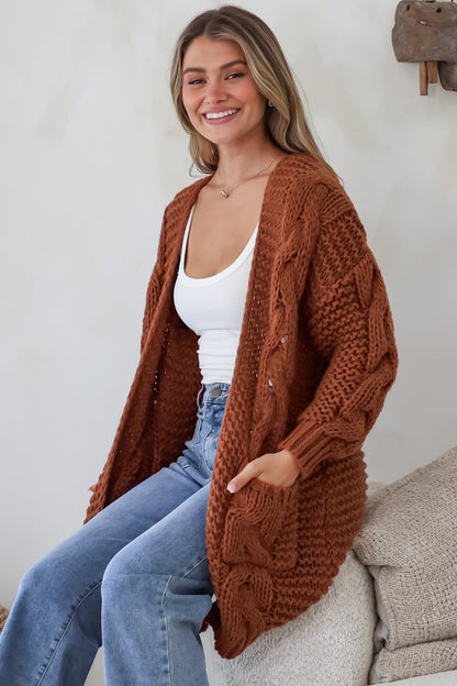 Beckett Cardigan - Open Front Chunky Cable Knit with Pockets in Terracotta