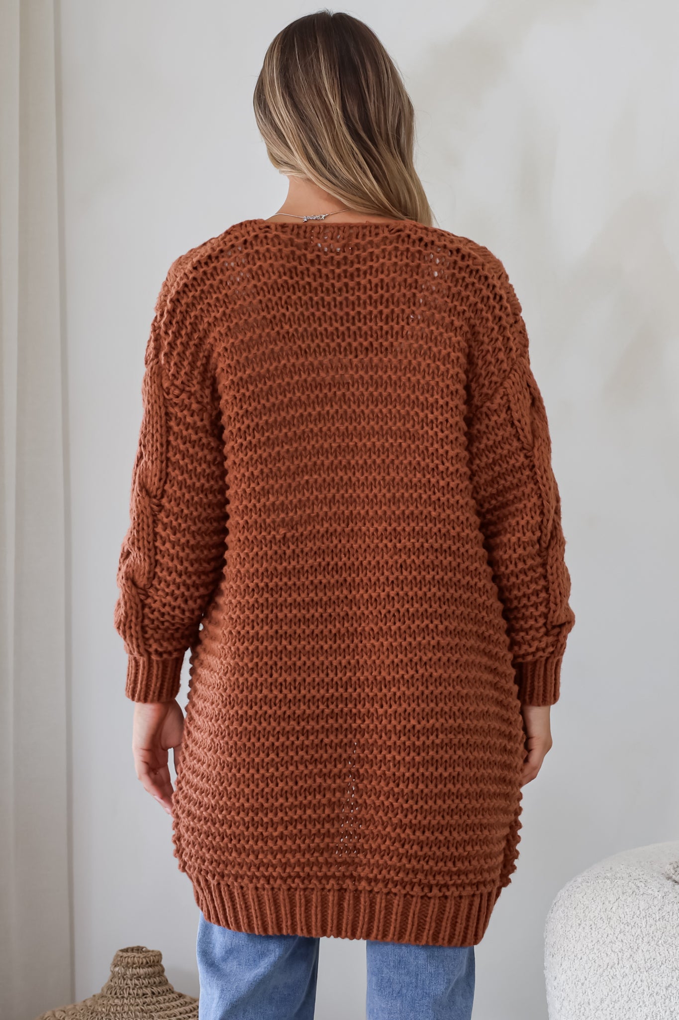 Beckett Cardigan - Open Front Chunky Cable Knit with Pockets in Terracotta