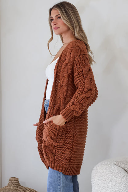 Beckett Cardigan - Open Front Chunky Cable Knit with Pockets in Terracotta