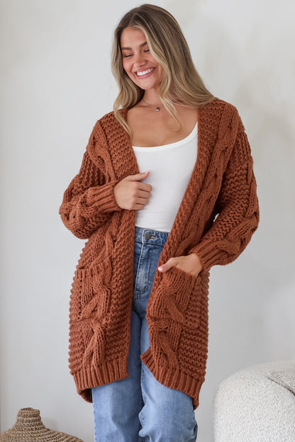 Beckett Cardigan - Open Front Chunky Cable Knit with Pockets in Terracotta