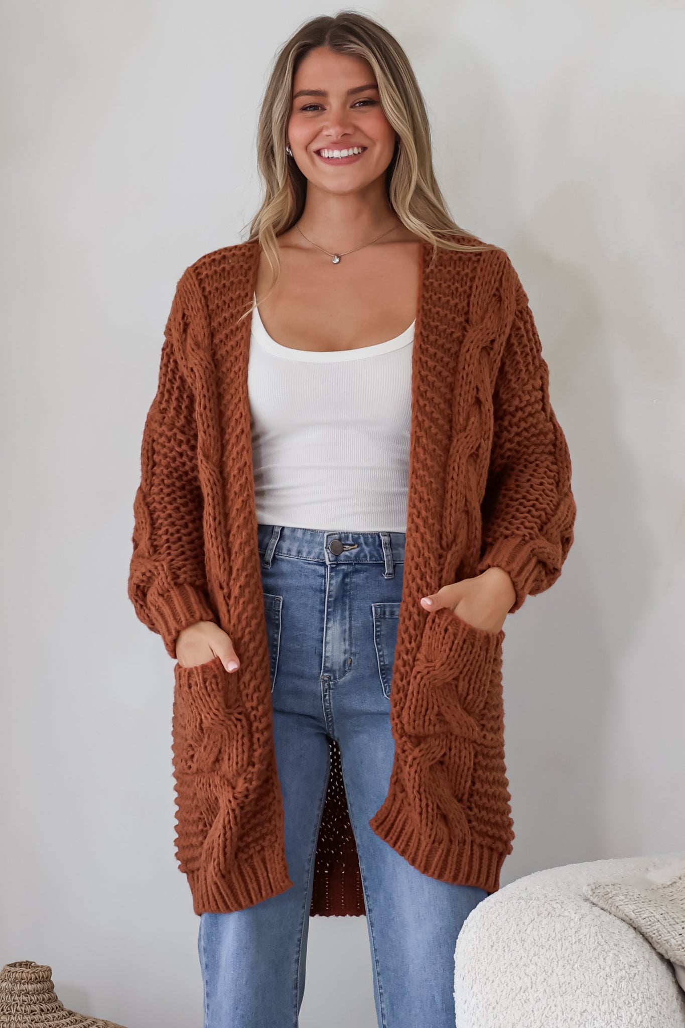 Beckett Cardigan - Open Front Chunky Cable Knit with Pockets in Terracotta