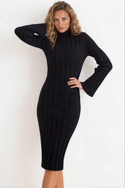 Beckett Midi Dress - Mockneck Ribbed Knit Dress in Black