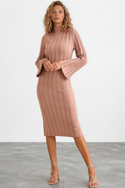 Beckett Midi Dress - Mockneck Ribbed Knit Dress in Camel